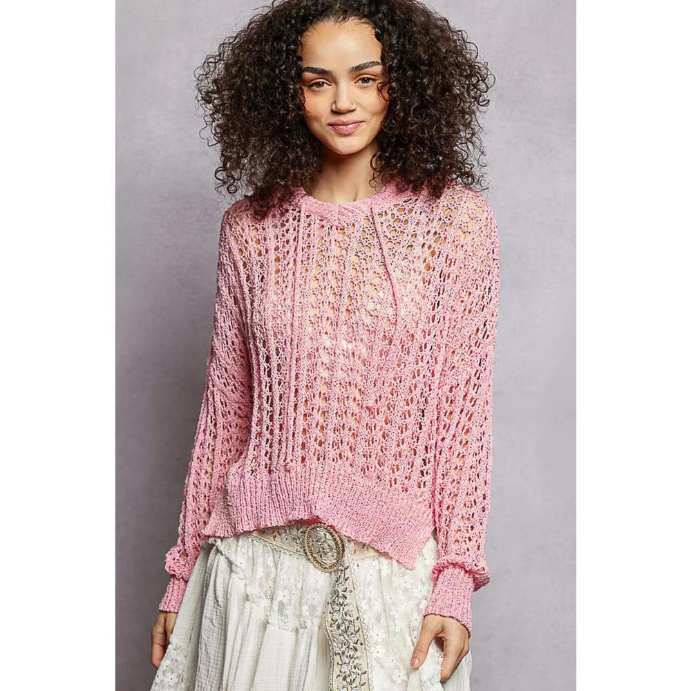 Pol Openwork Round Neck High Low Knit Top